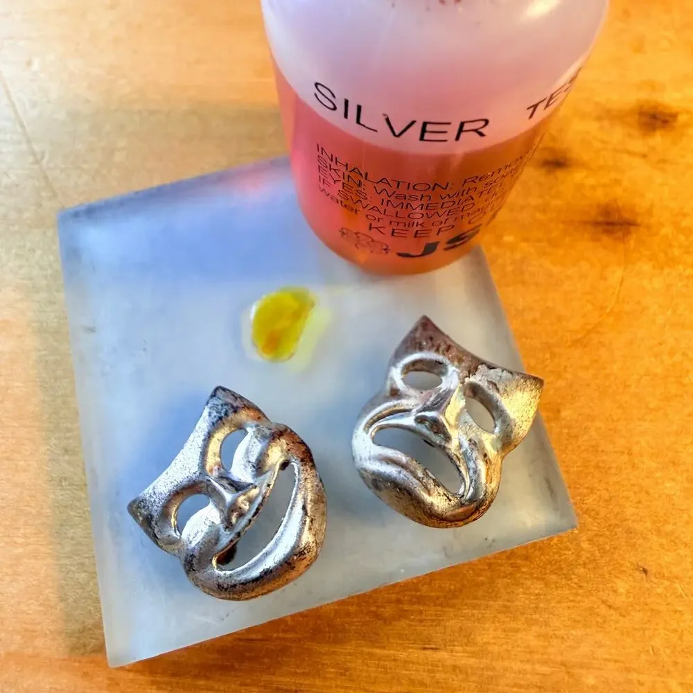 Vintage Sterling Silver Comedy Tragedy Theater Mask Brooch Pin Set of 2 Drama